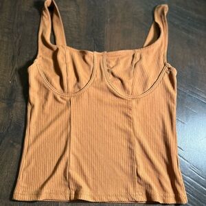 Women's Ribbed Tank Top with Bust Seaming - Tan